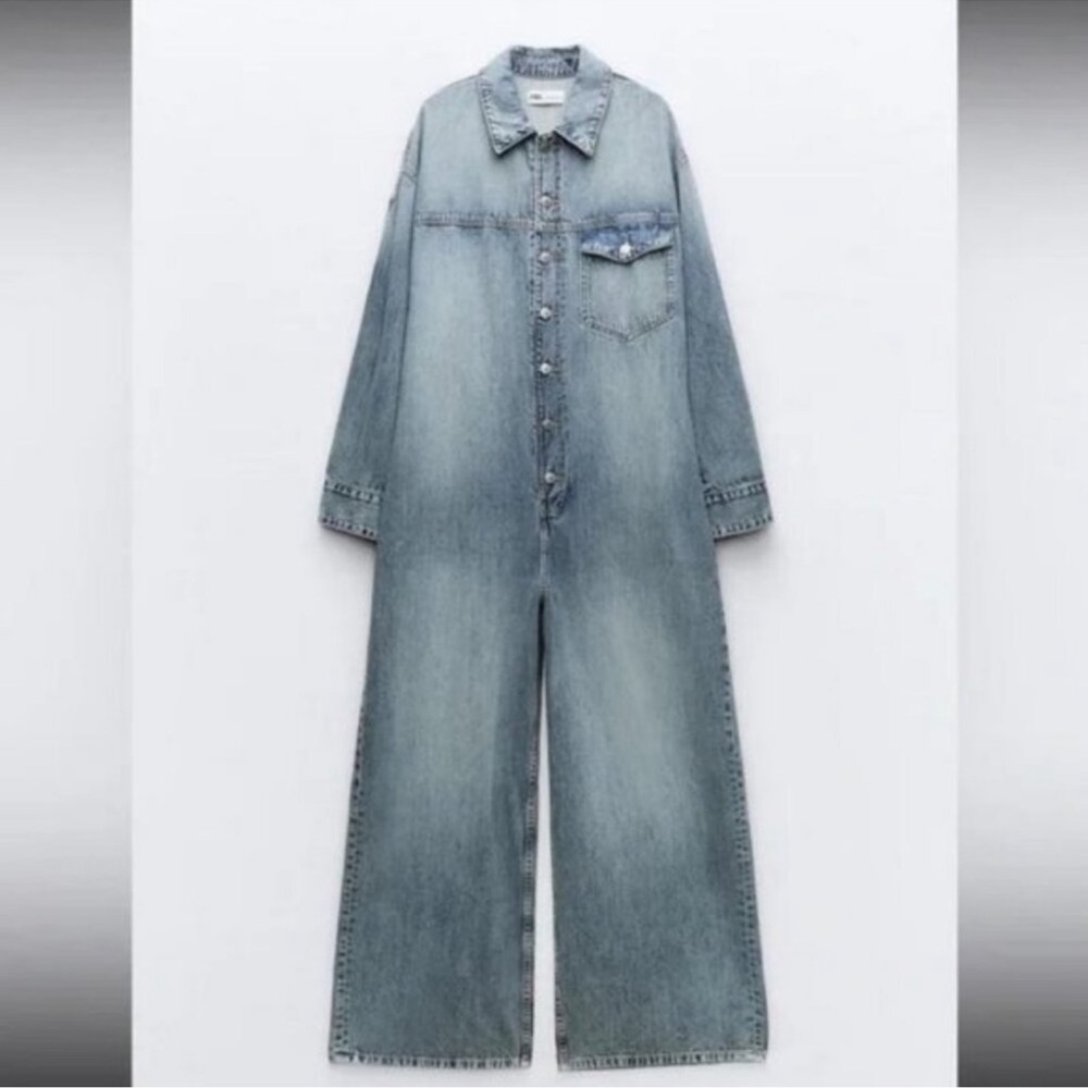 Zara Long Denim Jumpsuit TRF Denim Blue NWT - Picture 4 of 5